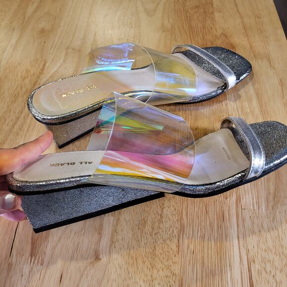All Black Silver Metallic Iridescent Clear Band Wedge Size 40 - Picture 7 of 9